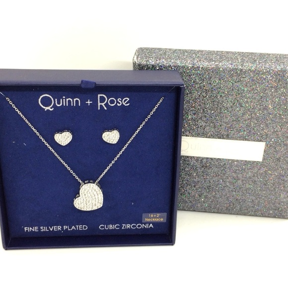 Jewelry - 3/$30 QUINN + ROSE SILVER PLATE CZ ZIRCONIA NECKLACE EARRING SET HEART PENDANT